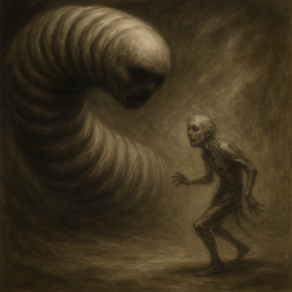 צבעי שמן כהים מציגים יצור דמוי תולעת עם ראש גולגלתי שמתקרב לדמות אנושית רזה המאופיינת בקווי המתאר של זקנה וחרדה.