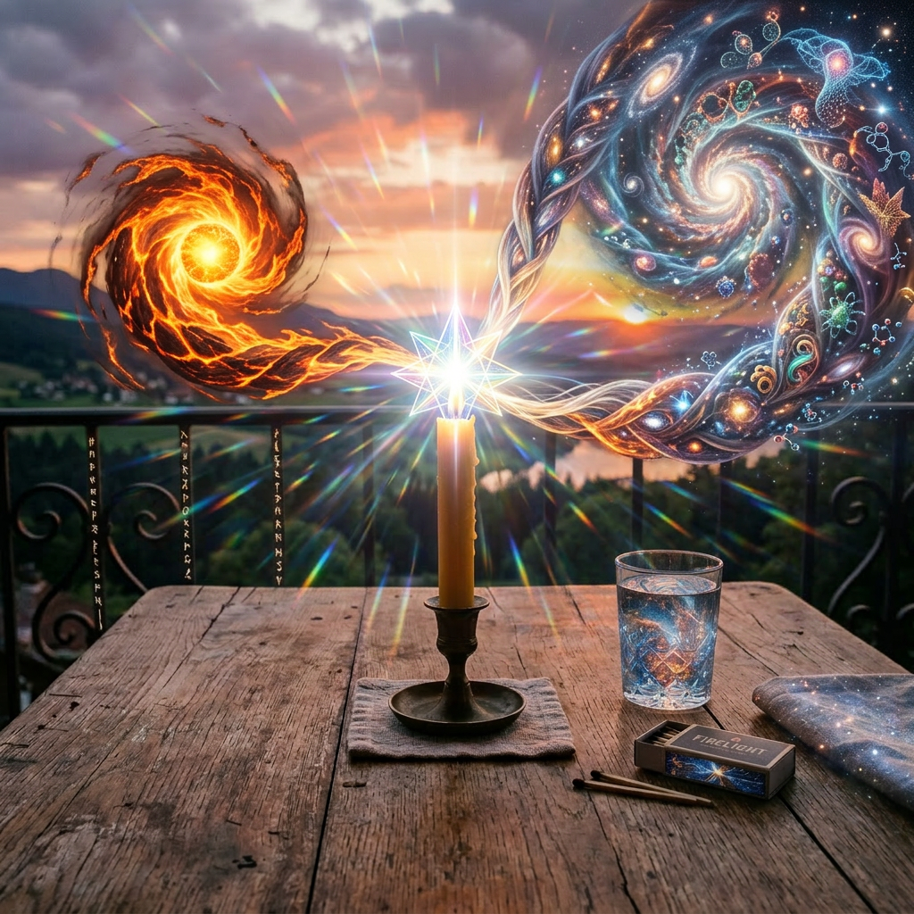 A lit candle with magical swirling fire and galaxy spirals emanating from its flame on an outdoor wooden table at sunset.