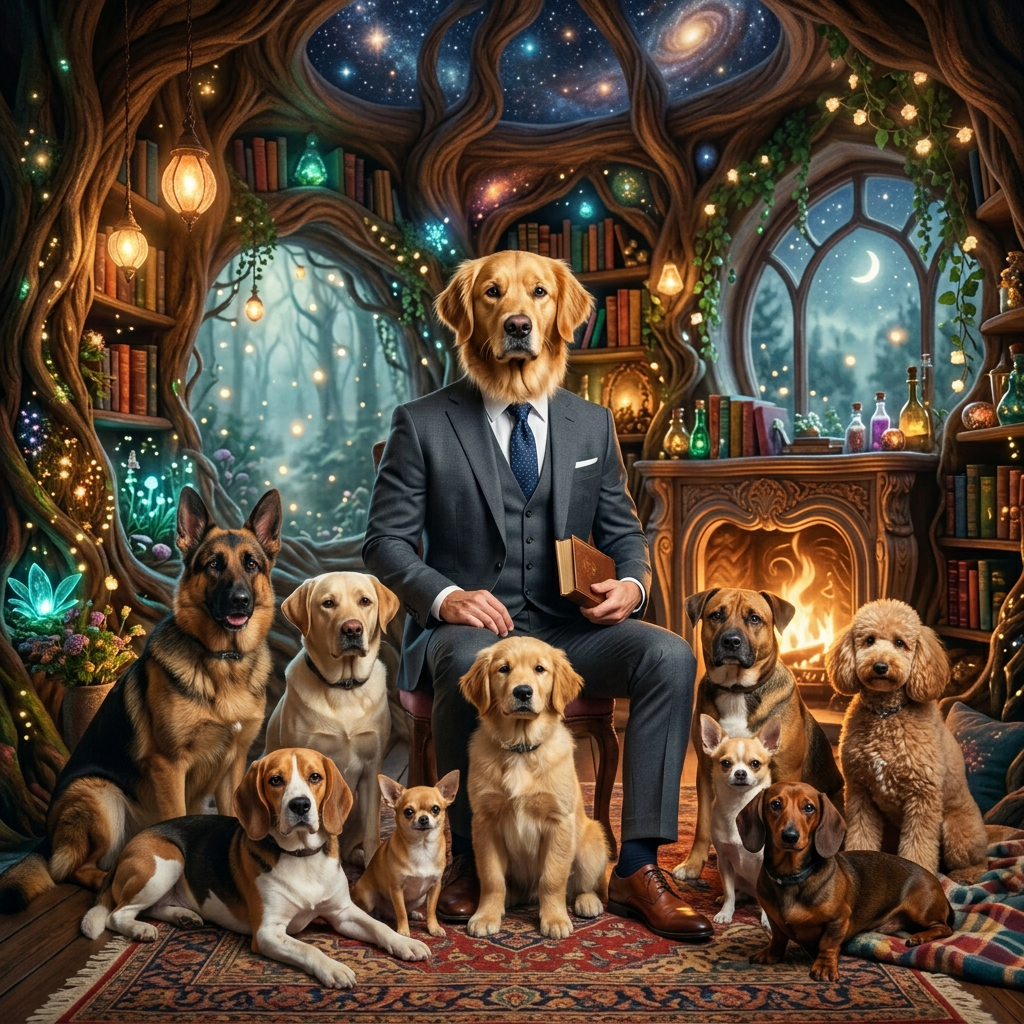 Golden retriever in a suit holding a book surrounded by various dog breeds in a magical library with a fireplace and starlit windows.