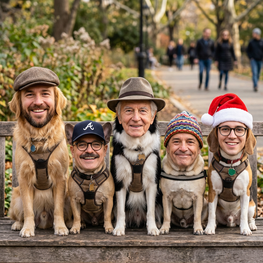 Five dogs sitting on a bench with realistic human faces and hats, blending humans and dogs