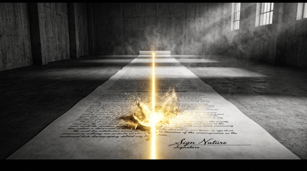 Signed document with a bright golden beam and burst of light